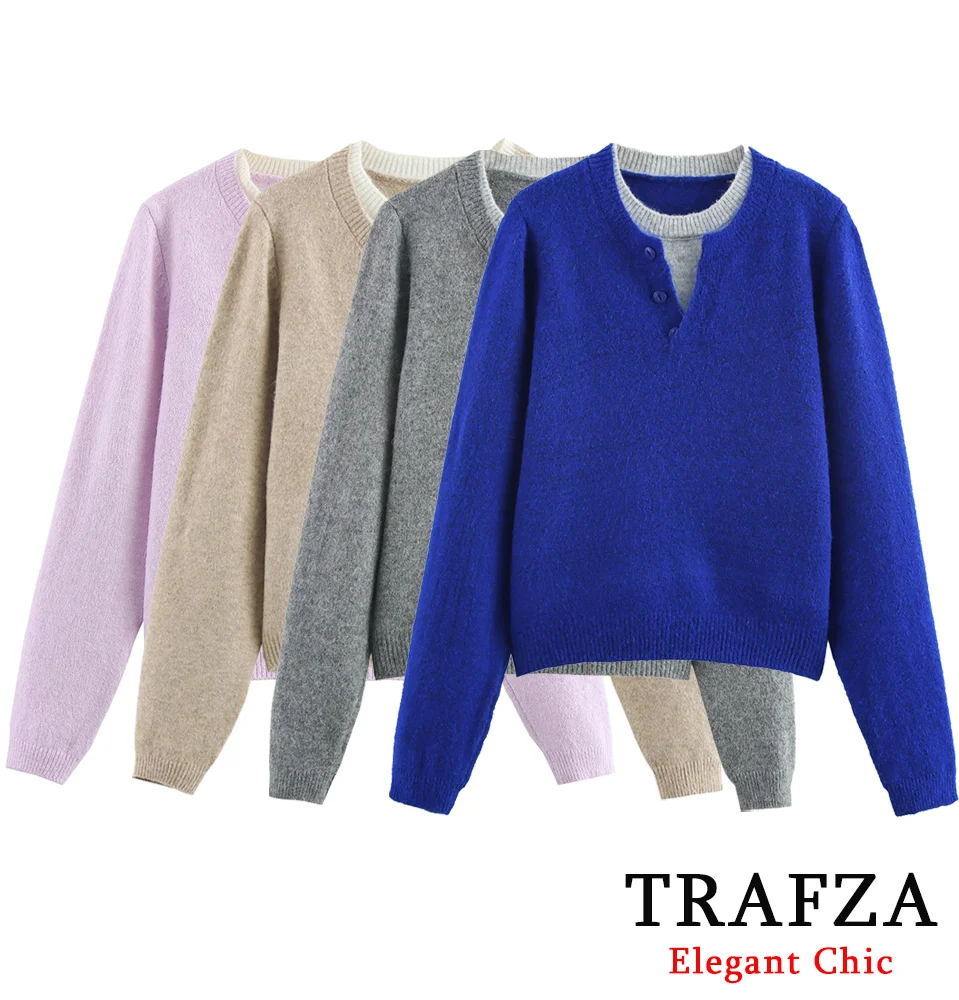 TRAFZA-Women Casual Sweater O-Neck Fake Two Piece Pullover Sweater New 2025 Fashion Spring Fall Klein Blue Slim Sweater