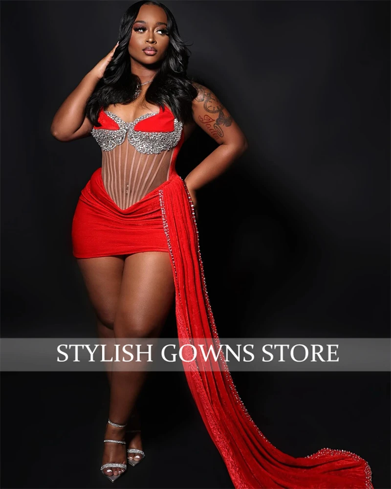 Red Strapless Short Prom Dresses Black Girls Bead Crystal 2024 Birthday Luxury Dress Mini Cocktail With Side Train Customized