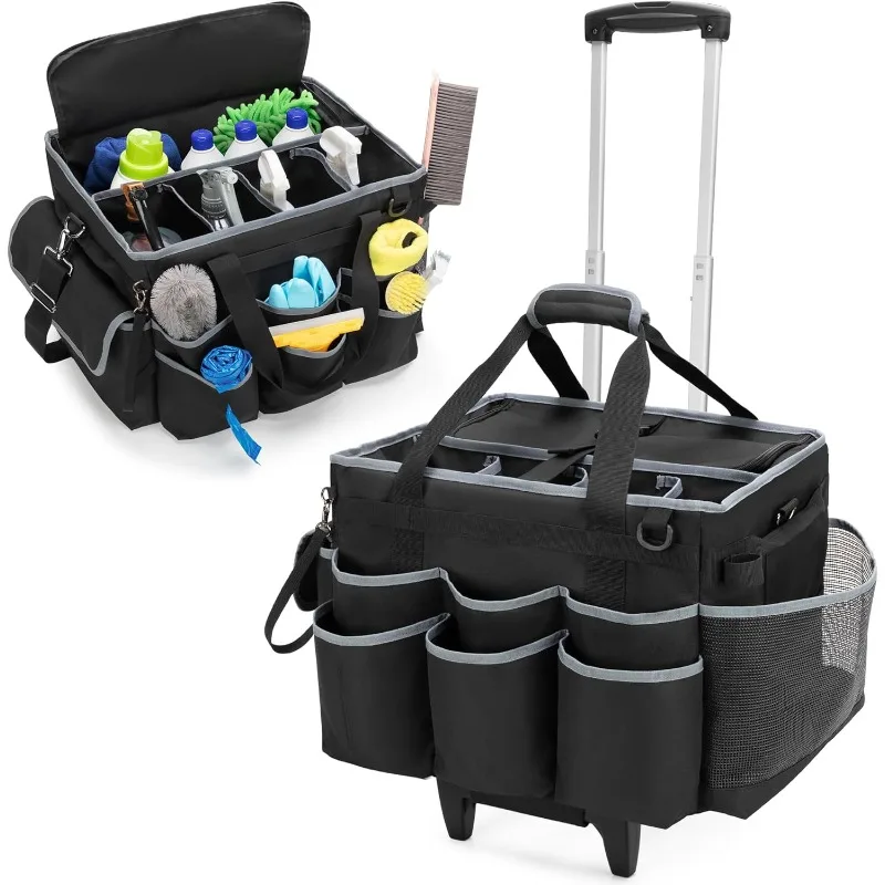 

Large Cleaning Caddy with Detachable Trolley & Shoulder Strap, Cleaning Supplies Bag with Handles & Support Plates