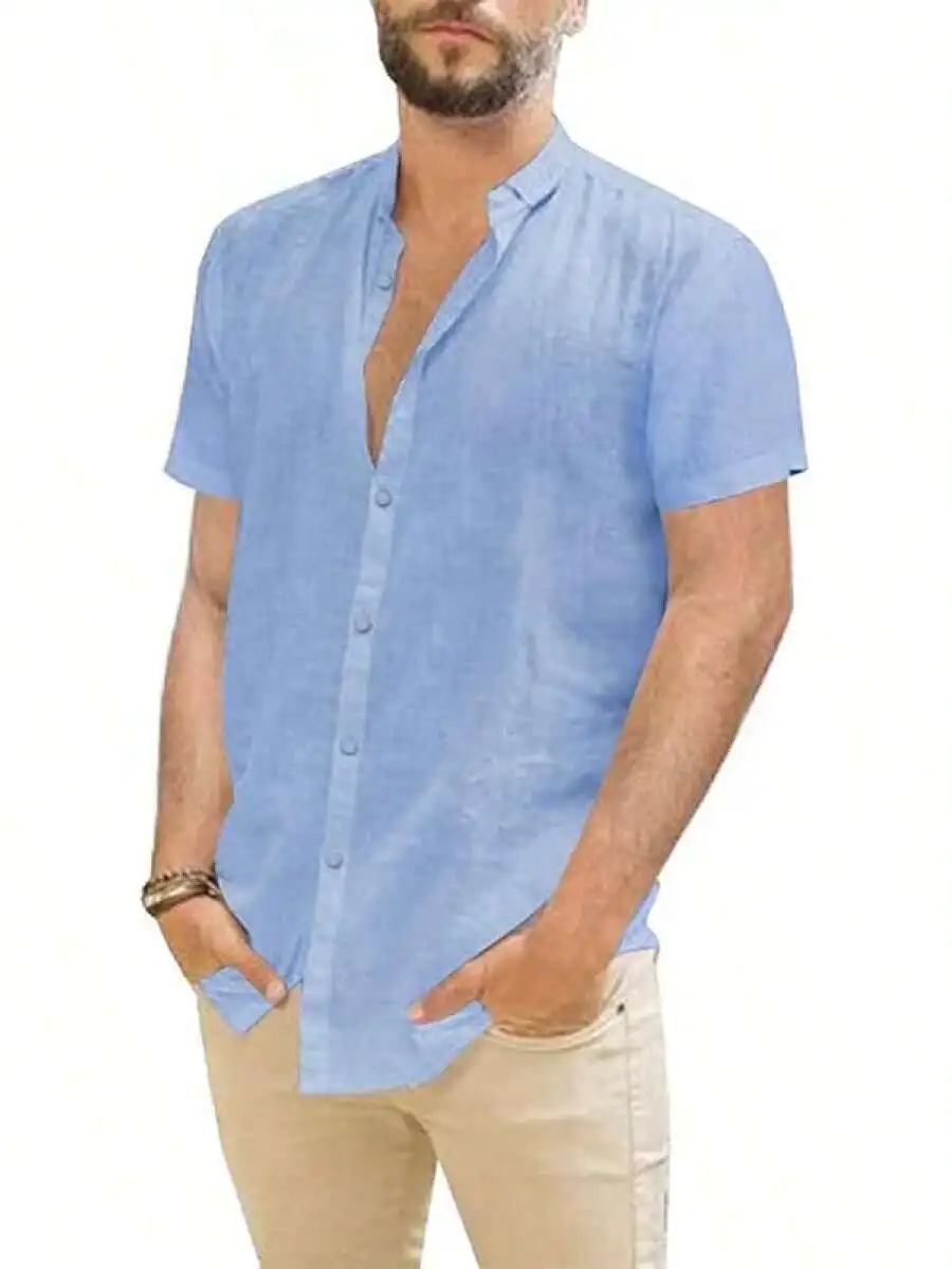 

Mens Casual Linen Button Down Short Sleeve Shirt Beach Summer Spread Collar