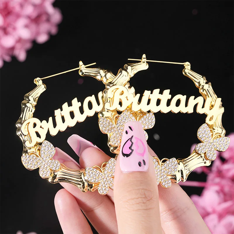 

Custmized round Big Bamboo Name Earrings with Butterfly Personalized Jewelry Set 18K Gold Plated for Women Christmas Gifts