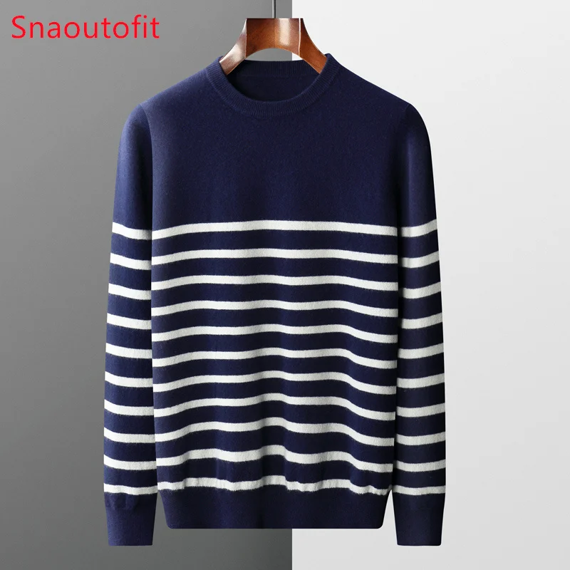 Men\'s New 100% Pure Wool Sweater O-neck Navy Style Striped Top Spring and Autumn Loose Youth Business Casual Cashmere Sweater