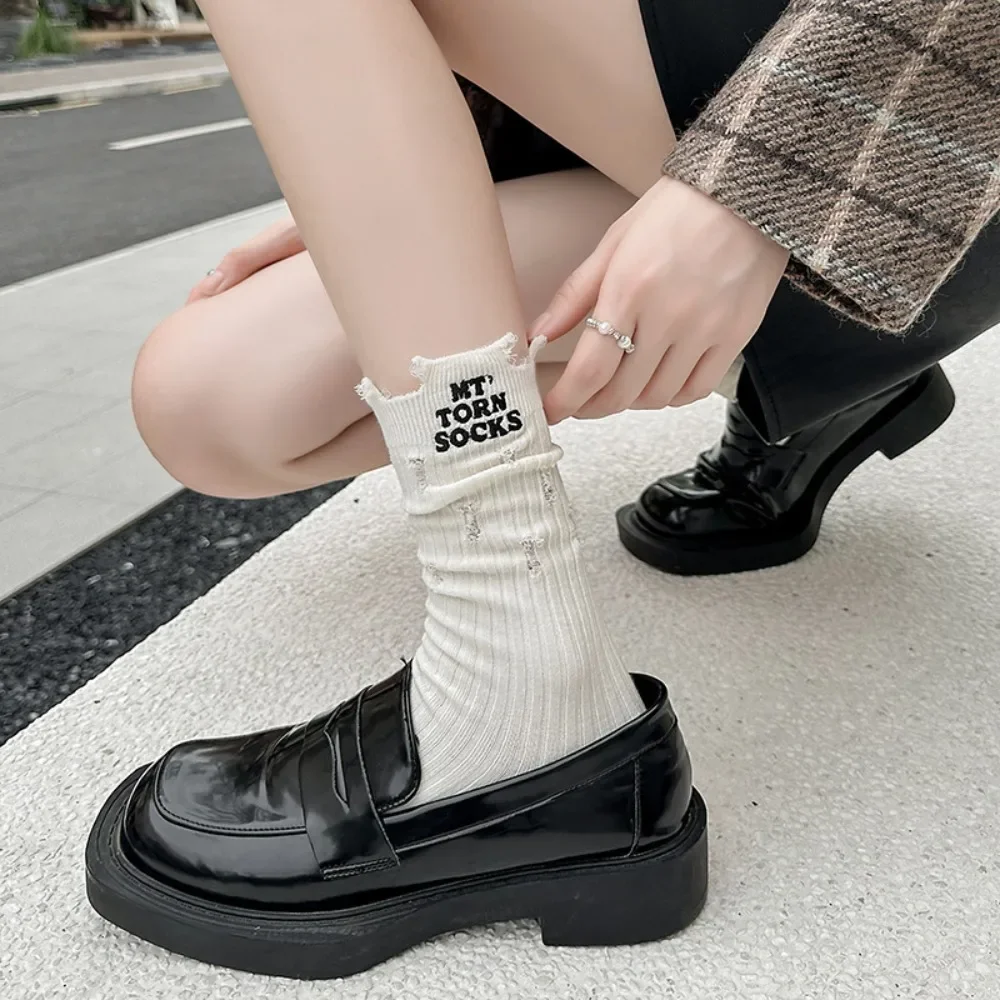 Punk Women Ripped Mid Tube Socks Gothic Winter Embroidery Letter Beggars Cotton Socks Y2k Women Harajuku Clothing Accessories