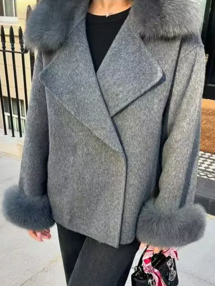 HH المرأة الشتاء أزياء الرجعية تنوعا الفراء طوق سترة قصيرة الإناث شيك أنيقة شارع العليا عارضة جيب معطف طويل الأكمام #3