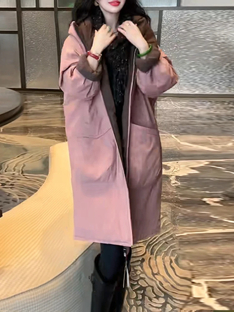 

Двусторонняя утепленная длинная хлопковая куртка-пальто на зиму, новая, свободного кроя, повседневная, с капюшоном, модная верхняя одежда