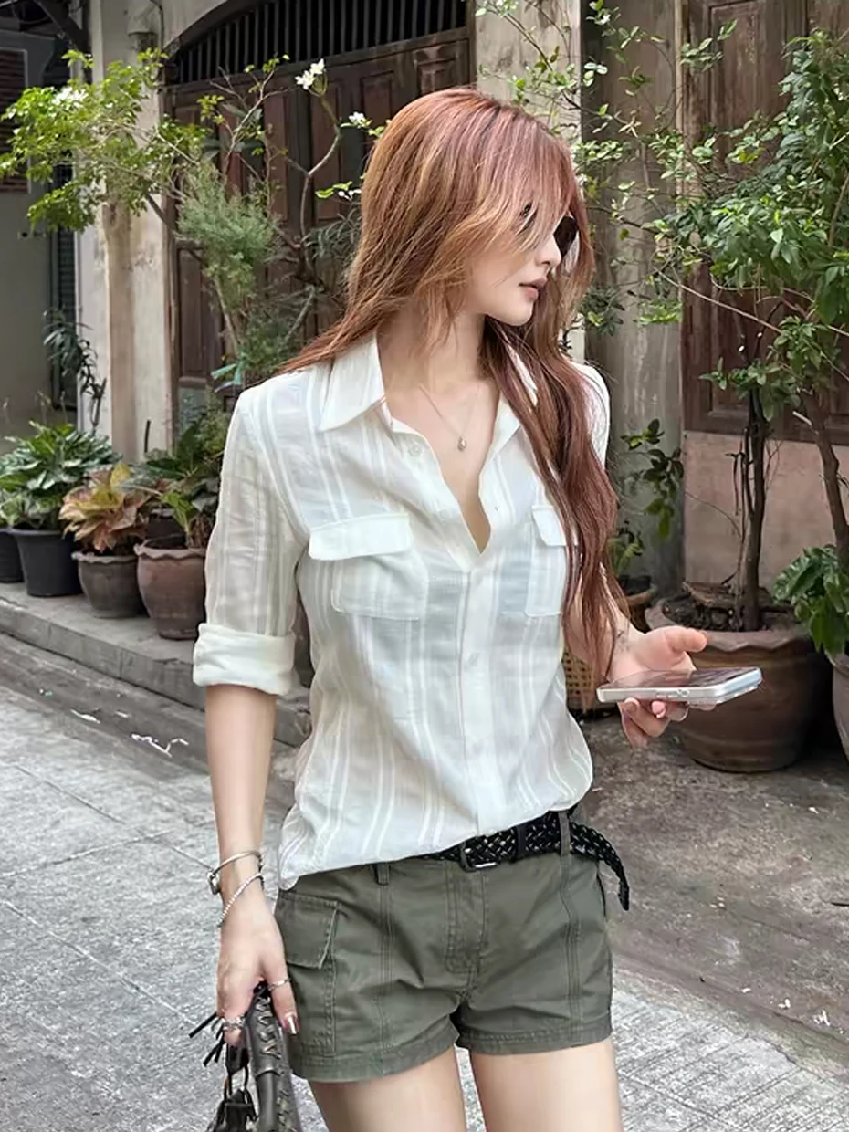 

White Summer Shirt Women's Embroidered Texture Thin Long Sleeve Formal Top Korean Style Slim Fit Commute Style Polyester Fiber