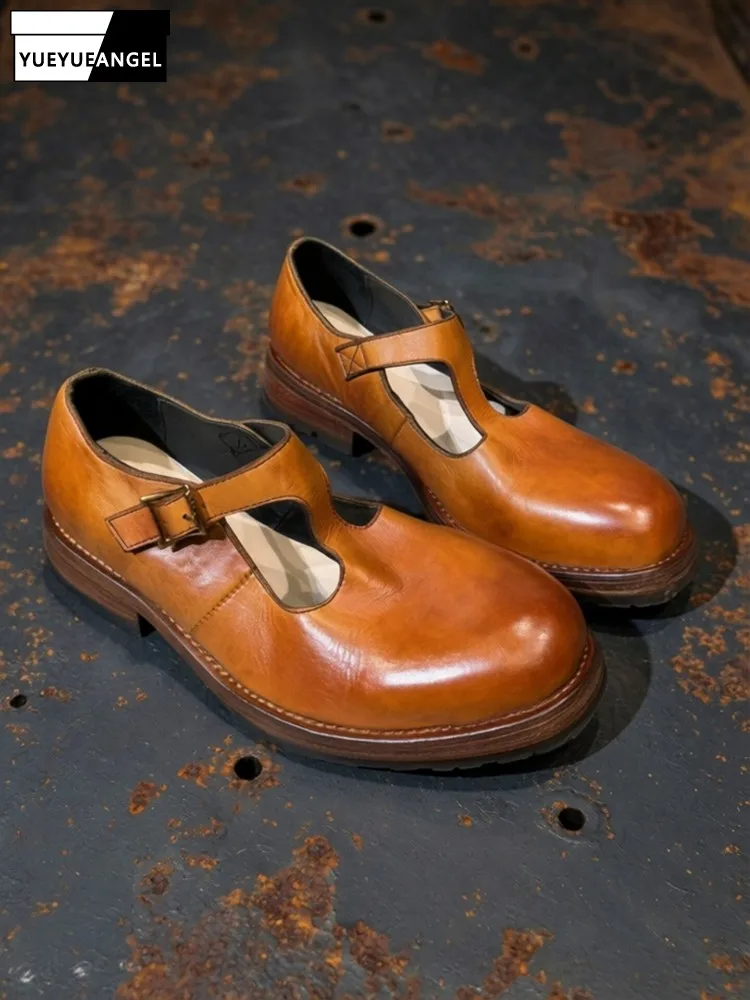 Vintage Mens Cowhide Genuine Leather Derby Shoes Round Toe Handmade British Style Hollow Out Business Casual Summer Sandals Male