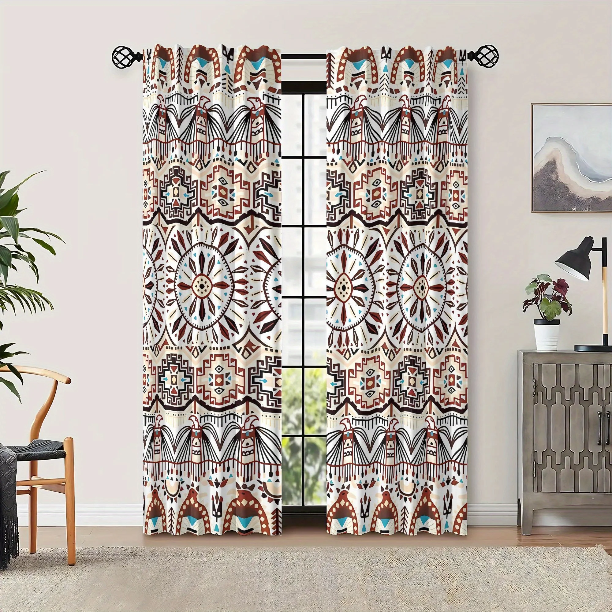 Ethnic geometric pattern curtains, pole-mounted installation. Suitable for living rooms, bedrooms, dining rooms and hotels.