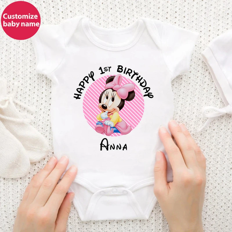 New Custom Name Baby Boys Girls Bodysuits Personalised Happy 1st Birthday Mickey Minnie Mouse Infant Birthday Rompers Gifts