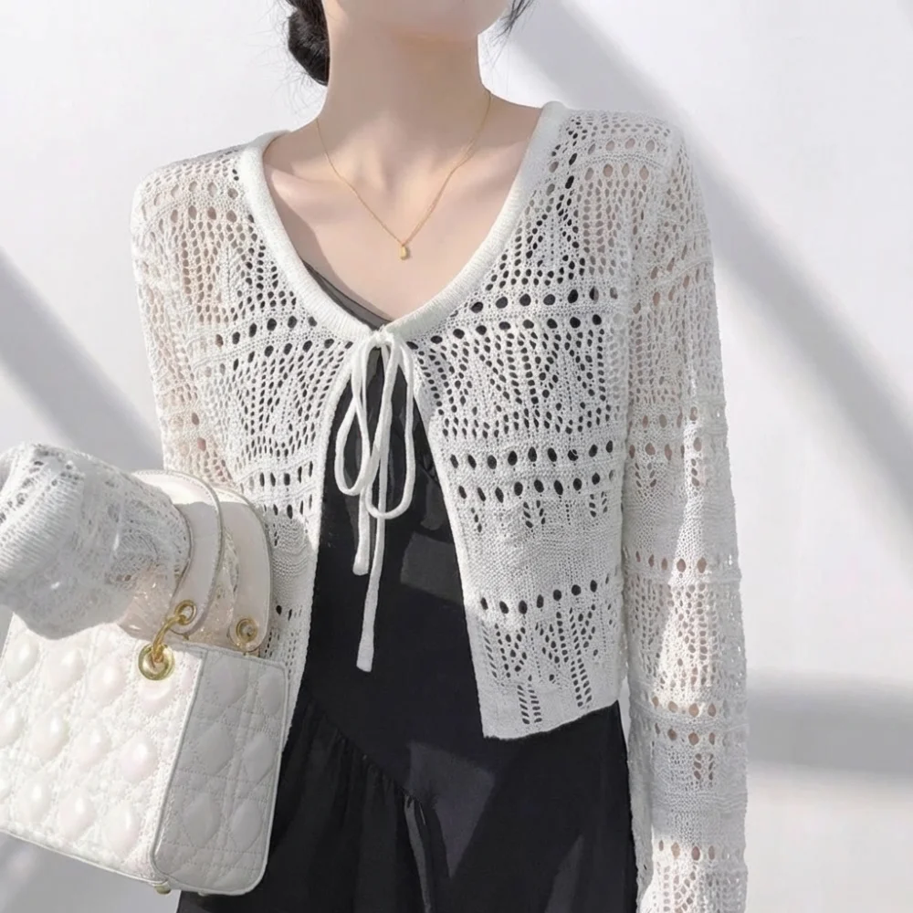 

Новый ажурный вязаный кардиган с V-образным вырезом, длинными рукавами, защита от солнца, повседневная тонкая верхняя одежда для женщин
