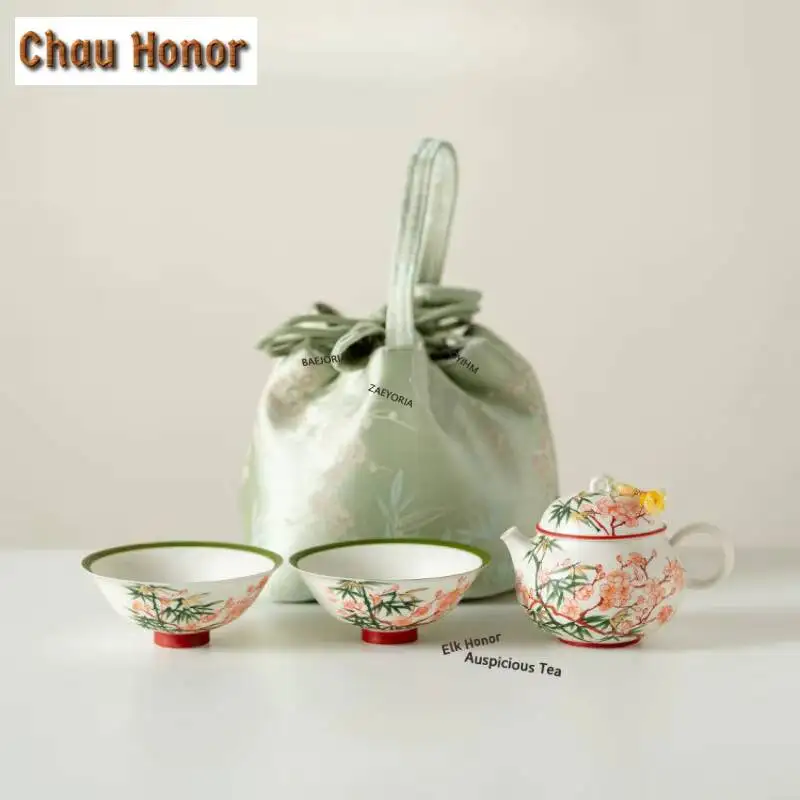 ZAEYORIA Hand-painted Bamboo Plum Travel Tea Set Kit Vintage 1 Pot 1/2 Cups Tea Maker Organizer Portable Picnic Handbag Ornament
