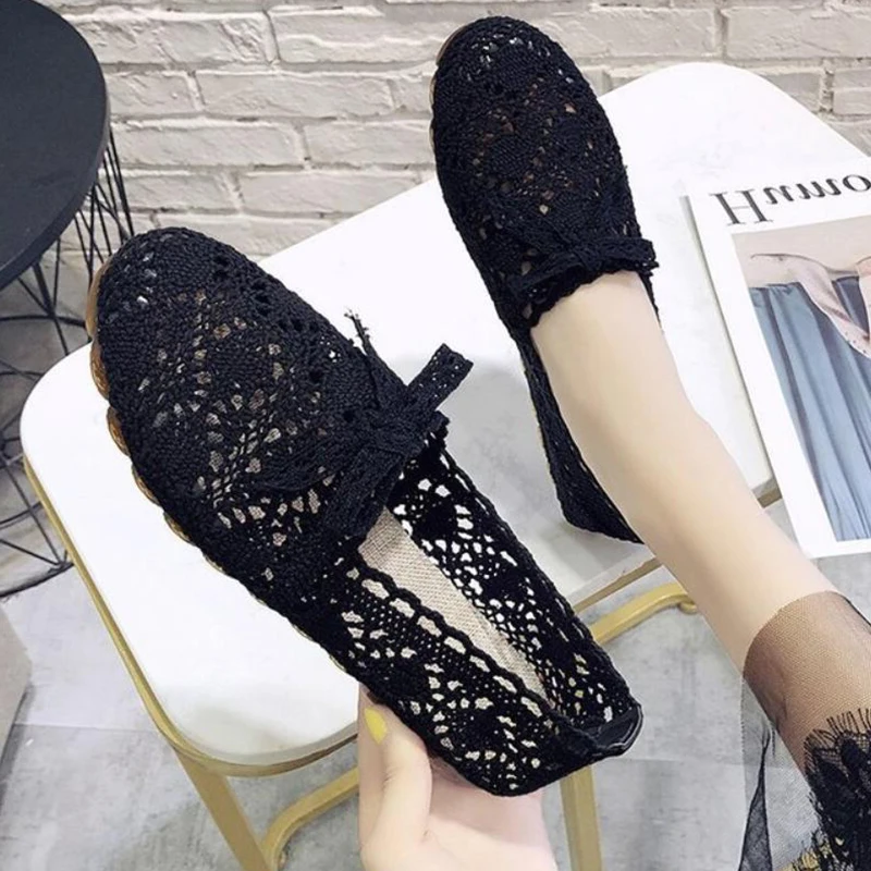 Summer Women Hollow out Mesh Breathable Loafers Shoes Ladies Korean Lace Slip on Beige Fats Shoes Zapatos De Mujer New 2023