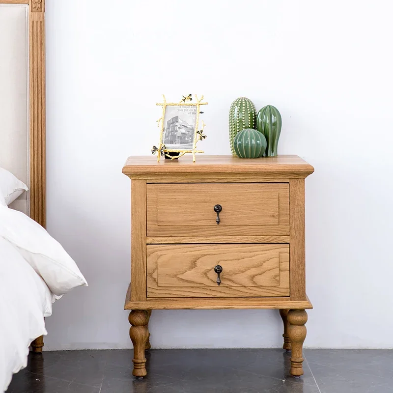 

American-Style Solid Wood Distressed Bedside Table Two-Drawer Side Cabinet Oak Bedside Storage