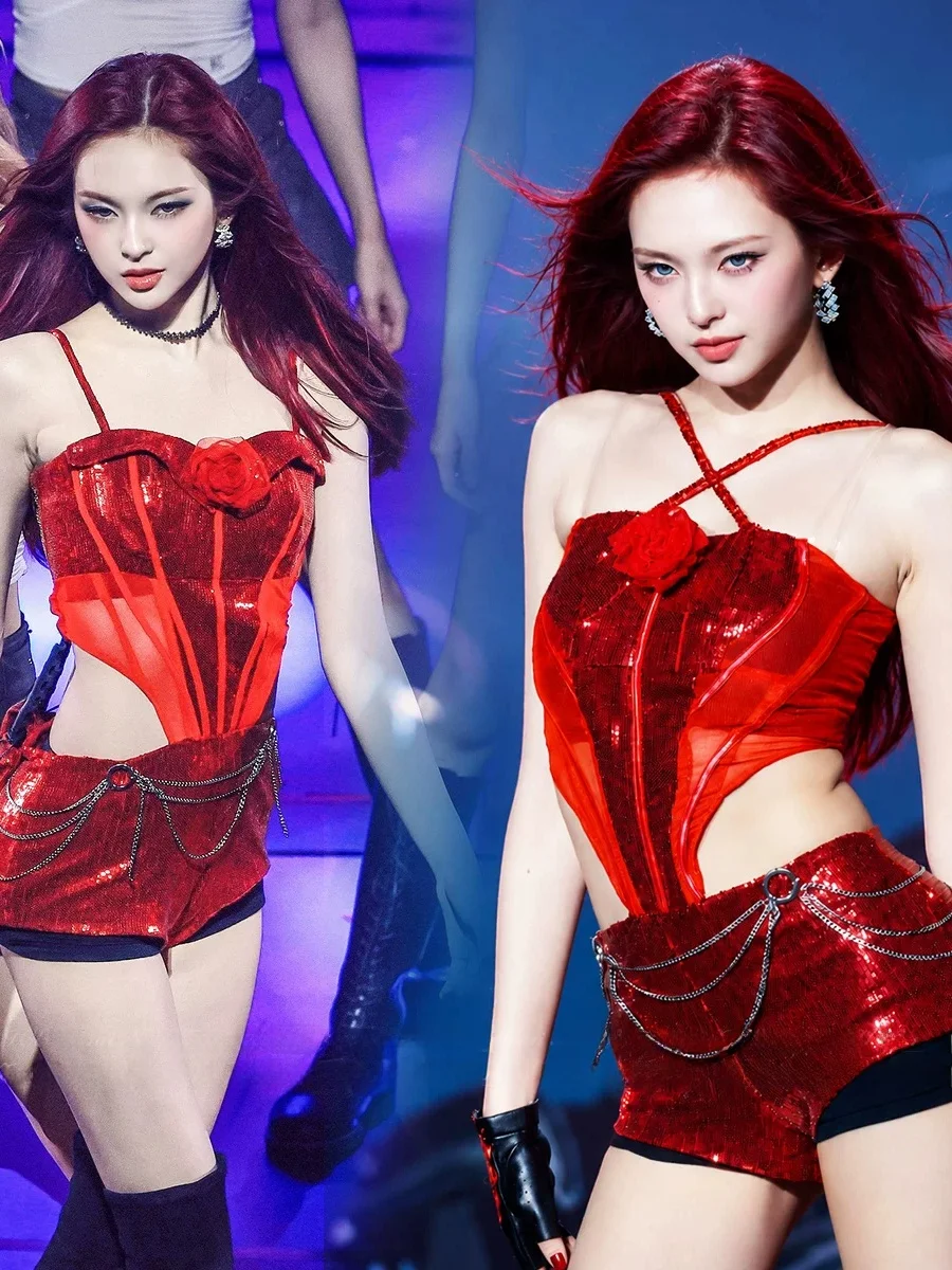 Chiquita Kpop Stage Performance Costume Baby Monster Red Jazz Stage Female Group Outfit Sparkling Fabric Versatile Seasonal W...