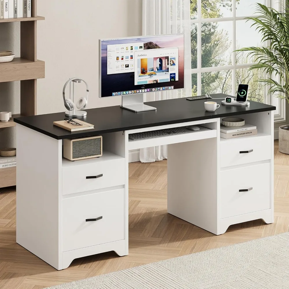 59” Computer Desk with 4 Drawers, Office Desk with Storage, Modern Executive Desk with Charging Station, Keyboard Tray & Wooden