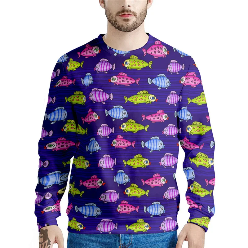 Retro Rose Flowers Print Sweatshirt Men's Cute Sheep Fish Pattern Hoodies Casual Fashion Autumn Long Sleeve Pullover Sweatshirts