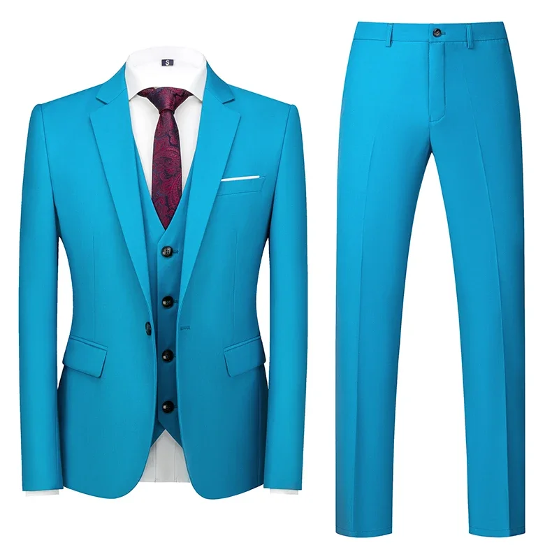 Men's Blue Three-Piece Suit: Single-button V-neck Jacket Paired with Vest and Trousers, Suitable for Weddings/Office/Parties.