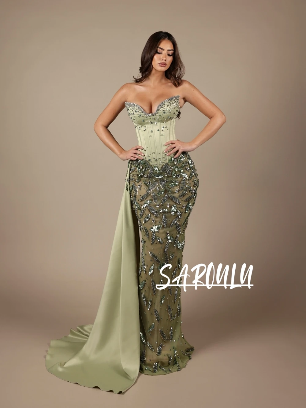 

Шикарное оливково-зеленое вечернее платье с корсетом-бюстье, роскошное платье русалки с блестками и V-образным вырезом, с боковым хвостом по индивидуальному заказу