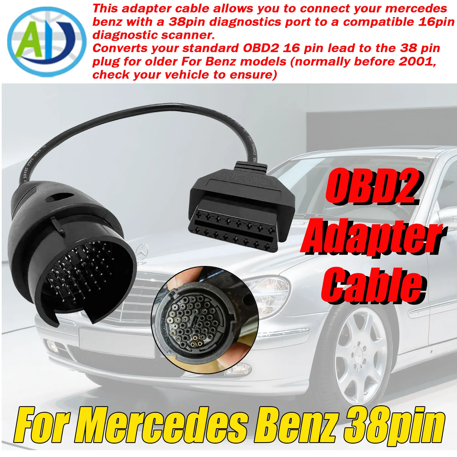 

For Mercedes Benz 38pin to 16pin Female OBD2 Diagnostic Adapter Connector Scanner Cable for Benz 38 Pin OBD2 Diagnostic Cable