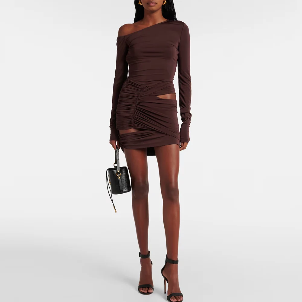 Brown Cocktail Gowns Mini Spandex Sheath/Column Valentine's Day Dress One-shoulder Pleat Sexy Birthday Dress Mini 2024