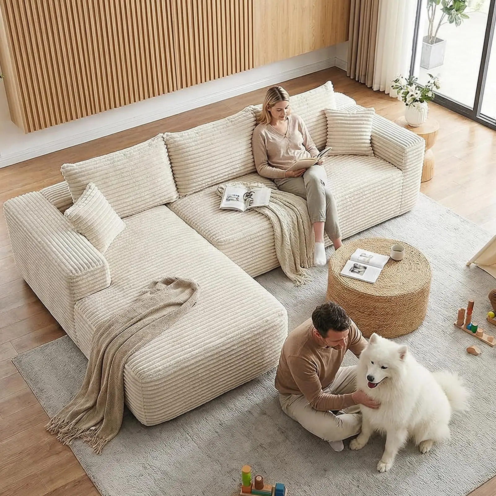 #￥Compressed Modular Sectional Sofa L Shaped Cloud Boneless Couch 3 Seat Upholstered Sofa with Chaise Lounge Deep Seat for Home