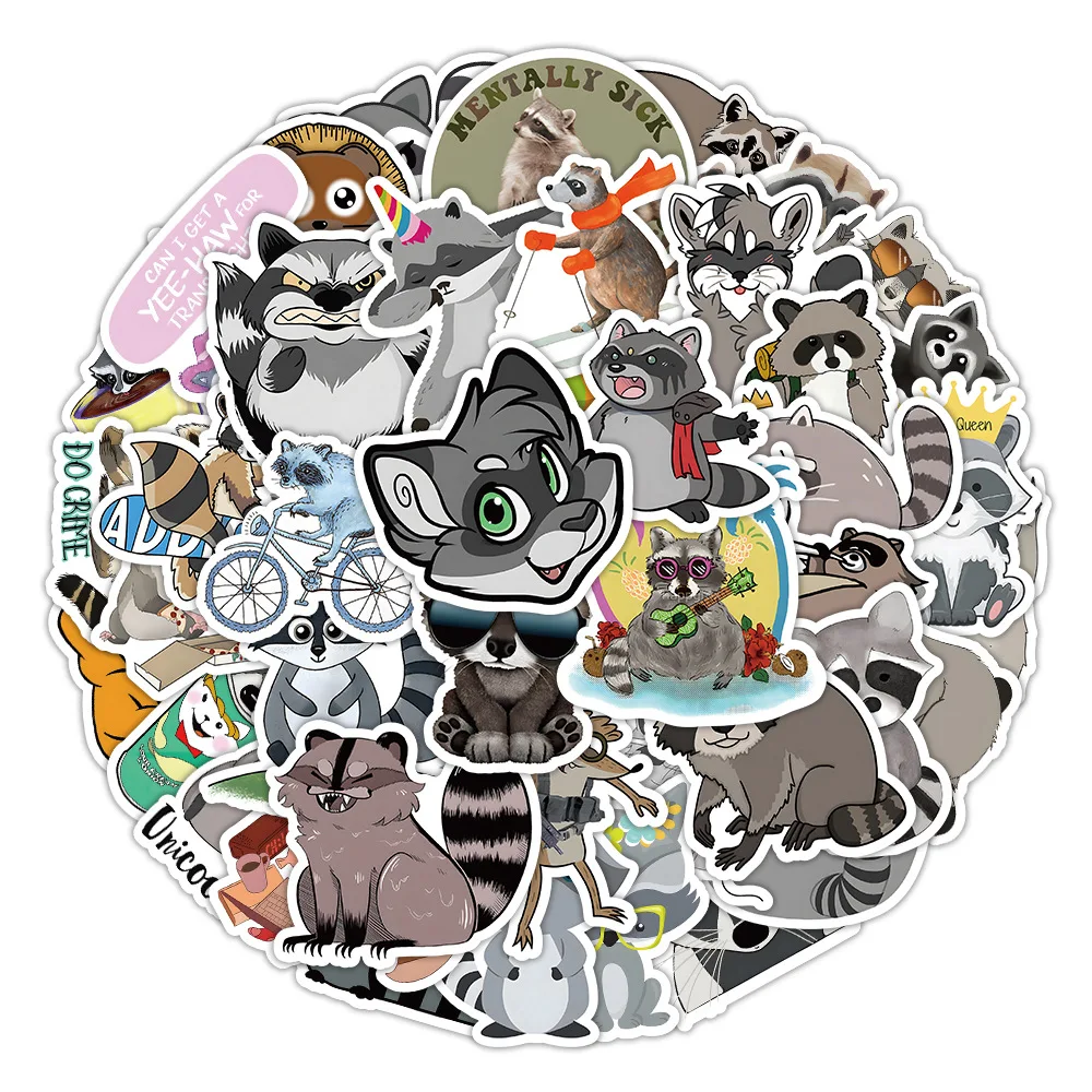 50/100Pcs Novelty Cute Kawaii Cartoon Animals Raccoon Stickers PVC Waterproof Stickers Decals For Kids Boys Girls Toys Gifts