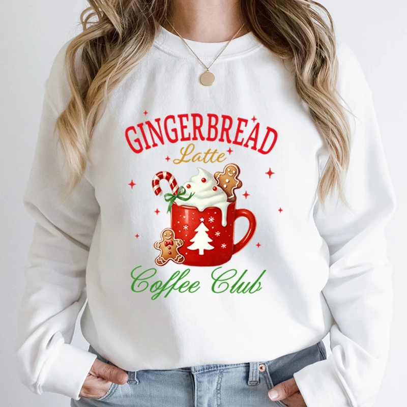 Autumn Winter Women Christmas Gingerbread Latte Coffee Club Print Round Neck Hoodless Pullovers Cute Casual Pure Color Pullovers