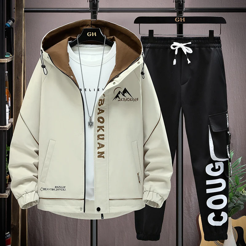 

Men's Autumn Winter Hooded Jaet Set Casual Versatile Sli Two-Piece Sportswear Trendy Long Sve Pants Youth Faion