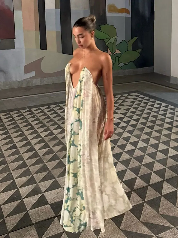 여름 패션 해변 휴가 스타일 우아한 꽃무늬 백리스 민소매 섹시 미디 드레스