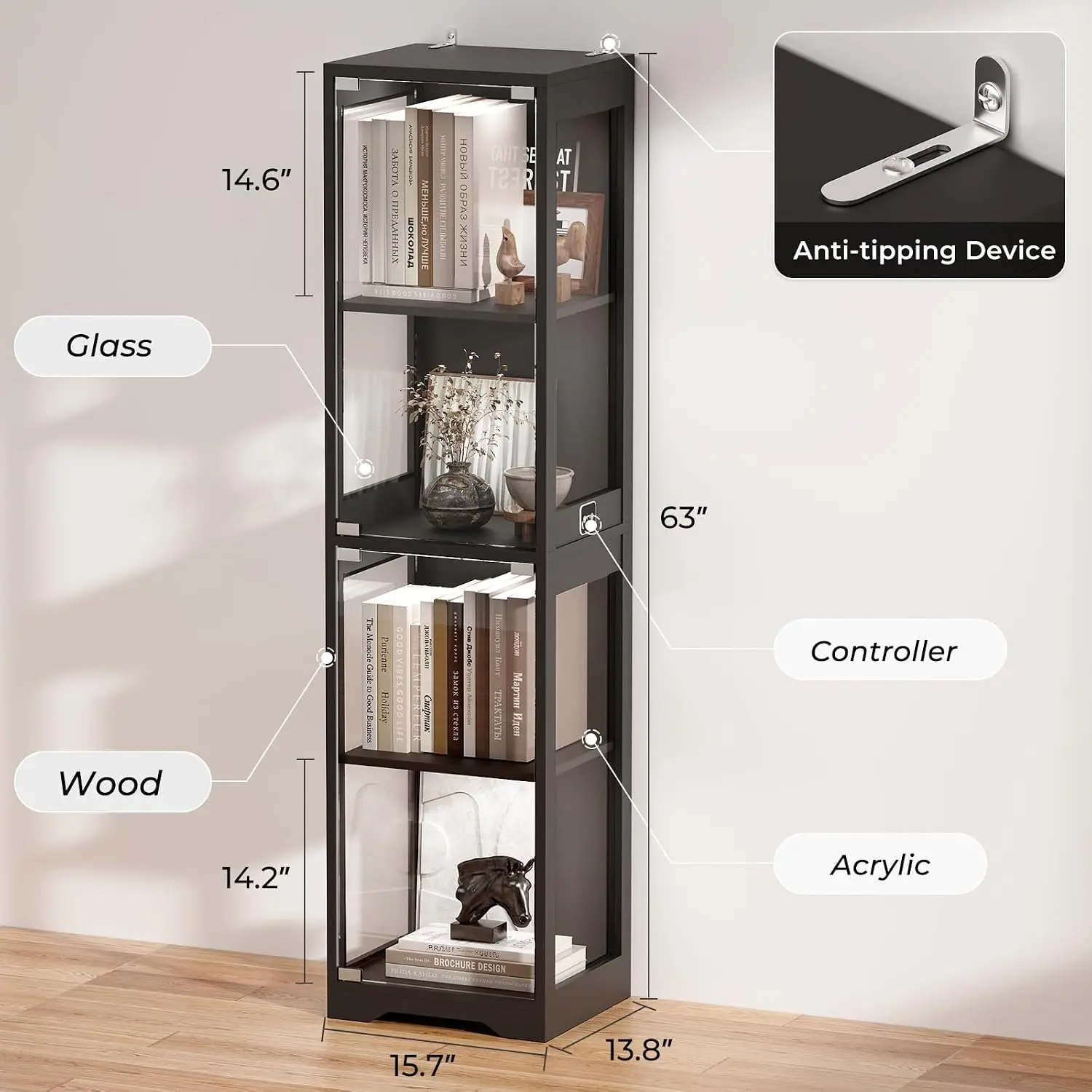Glass Display Cabinet, 4-Tier Curio Cabinets with 3 Color Lights for Collectibles, Storage Cabinet with Door, Glass Display