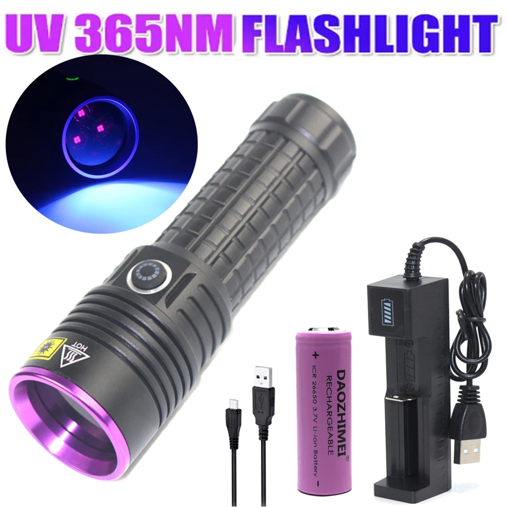 Super Bright 365NM UV Flashlight 60W High Power Black Mirror Purple Light Detection Torch Type-C Rechargeable 26650 Lantern