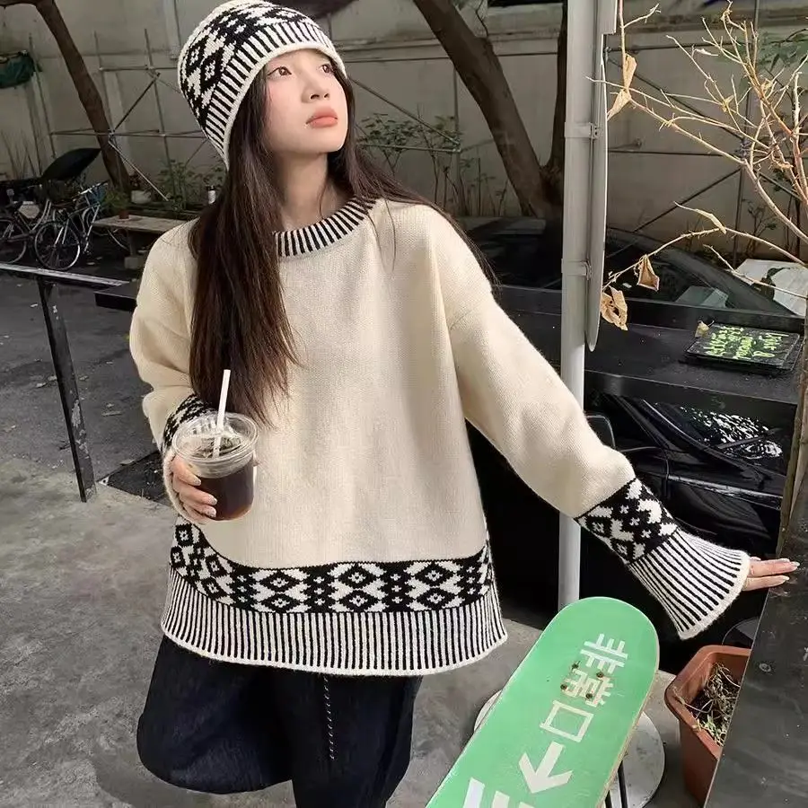 

2025 New Winter Color Block Jacquard Sweater Oversized Long Lazy Knit Pullover with Hood Autumn Loose Fit Women Top