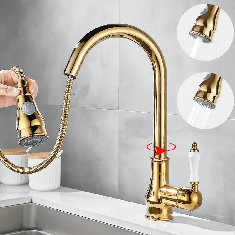 

Gold Pull Out Kitchen Faucets Chrome Single Handle Brass Faucet Sink Tap Single Hole Rotating Water Mixer Tap Mixer Tap
