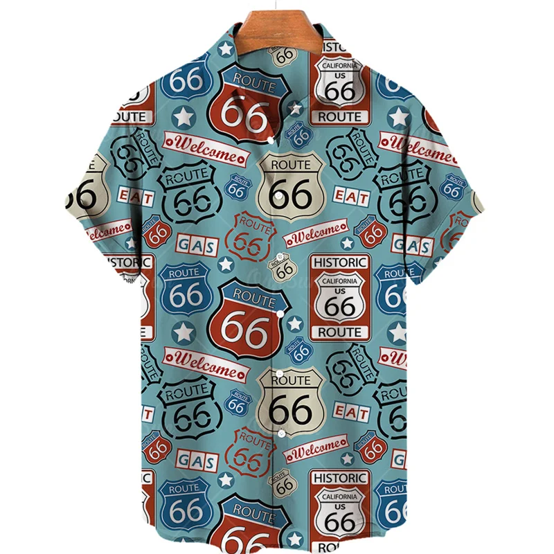 Men\'s Vintage Casual Social Short Sleeve Shirt Dazn Vacation Luxury Goth Travel Print Route 66 Original Fashion Design Clothing