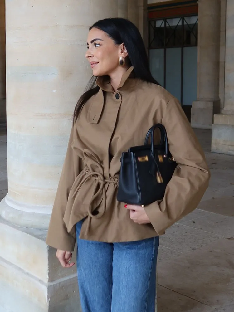 HH Woman Autumn Casual Jacket Soild Turn-Down Collar Lace-Up Decoration Single-Breasted Woman New Fashion Long-Sleeved Coat 2025