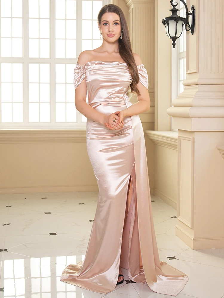 Off Shoulder Ruched  Stretch Satin Bridesmaids Dress Front Split Floor Length Bodycon Evening Night Formal Gown