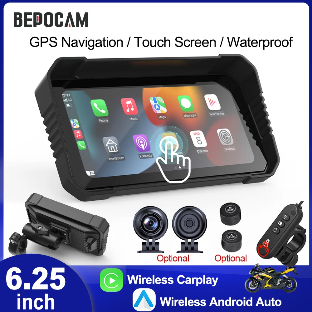 BEPOCAM 6,25" Tragbare Motorrad DVR Touch Display GPS Navigation IPX7 Wasserdichte Drahtlose CarPlay Android Auto Fernbedienung
