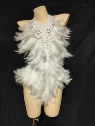 White Rhinestone Bodysuits Women Drag Queen Costumes With Feather Dance Singer Performance Backless Leotard Stunning Stage Wear