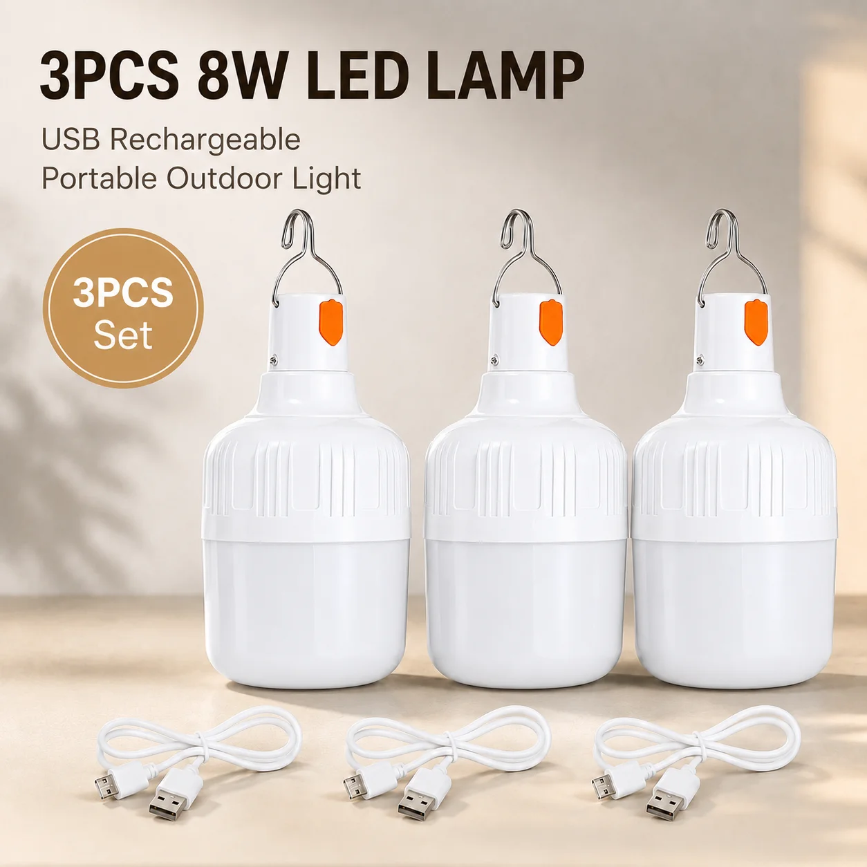 3PCS 8W USB Rechargeable LED Lamp Bulbs High Brightness Emergency Light Hook Up Camping Fishing Portable Lantern Night Lights