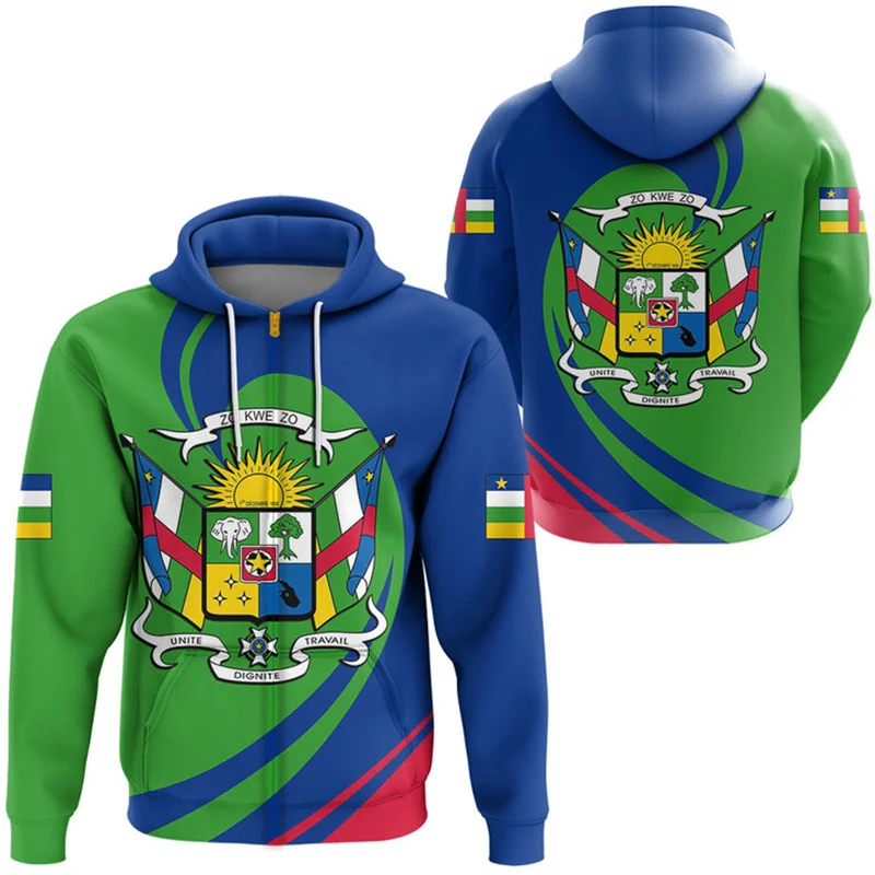 3D Printed The Central African Republic-of Falg Map Zip Up Hoodies For Men Fashion Streetwear Central African Zipper Sweatshirts