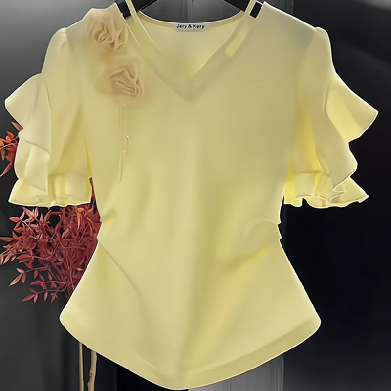 Women's Yellow V-Neck Short Sleeve Top 3D Flower Ruffle Detail Peplum Hem Slim Fit Blouse