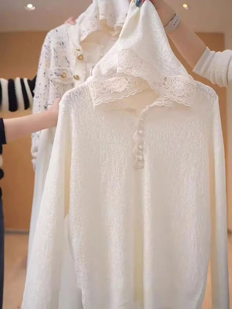 Maglione lavorato a maglia lungo Sve con cappuccio in pizzo Ele Casual Pendolarismo Strato base versatile Top Faion premium da donna Sle coreano