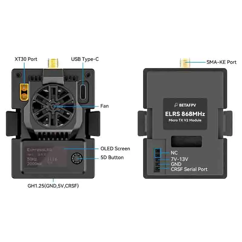 BETAFPV 마이크로 TX V2 모듈 ELRS 915MHz 2W RF 파워 내장형 TCXO CNC SMA 안테나 FPV 글래스/장거리 FPV 드론 쿼드콥터용