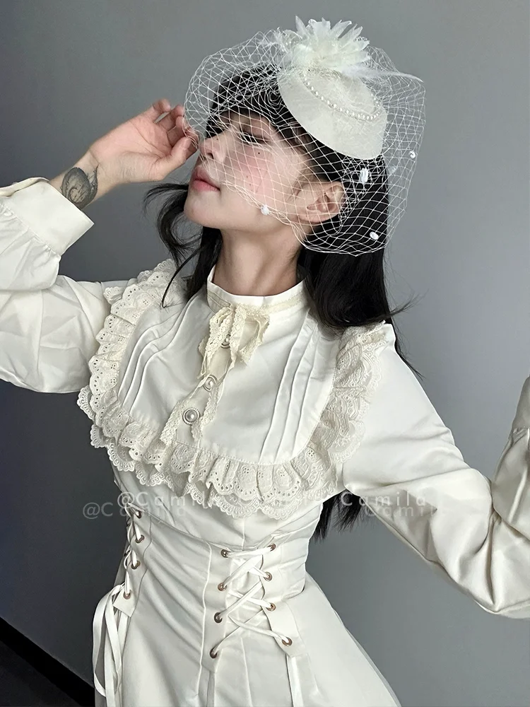 القوطية نمط ربيع الخريف مزاجه عالية الخصر فستان طويل للنساء الحلو الدانتيل دمية طوق الدانتيل متابعة فساتين خمر 2025 جديد #4