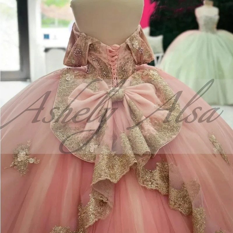 Aangepaste prinses meisje Quinceanera baljurk jurken off-shoulder kristallen strik vloerlengte dames prom speciale gelegenheid jurk