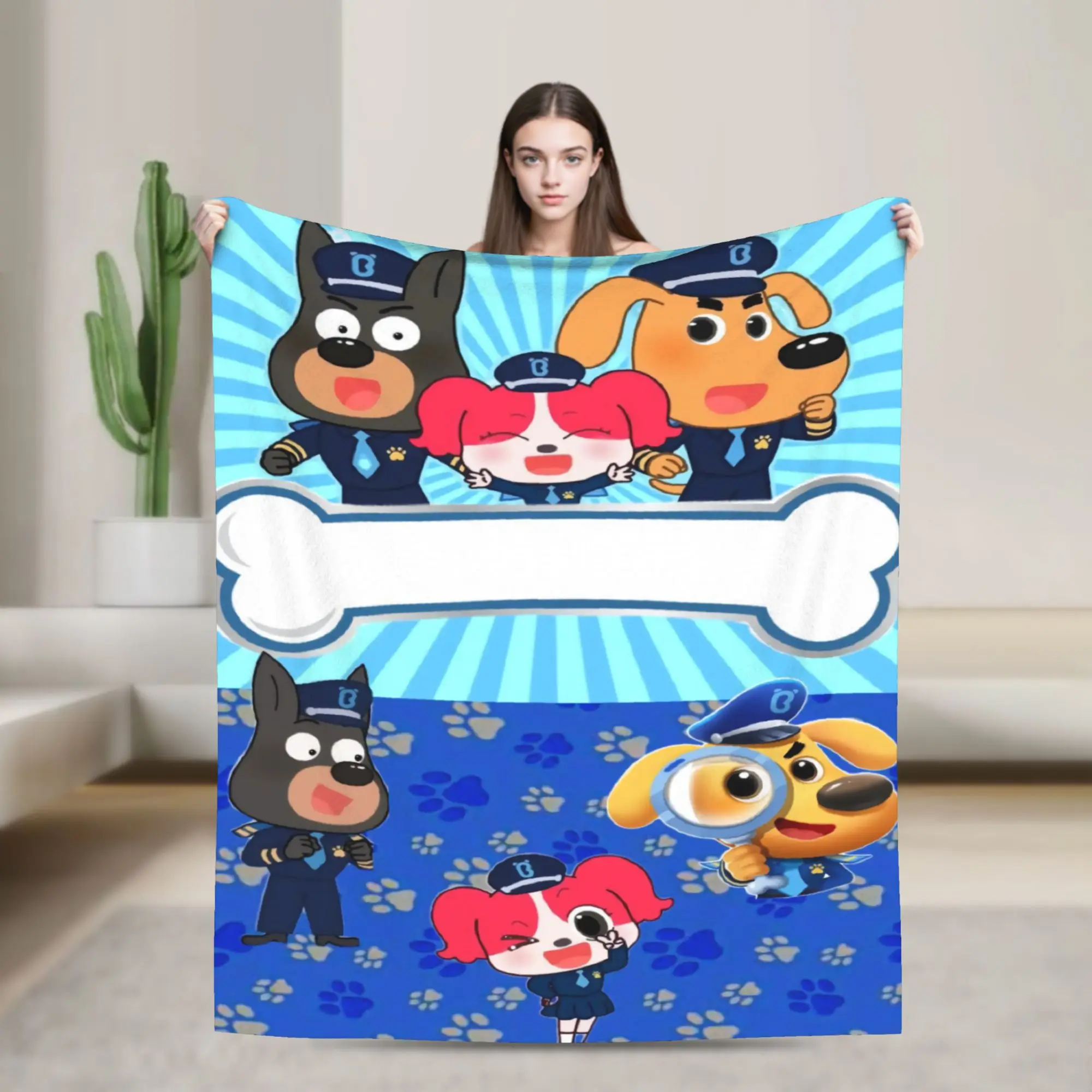 Sheriff Labrador Cartoon Animation Flannel Blankets  Super Warm Bedding Throws for Outdoor Graphic Bedspread Sofa Bed Cover