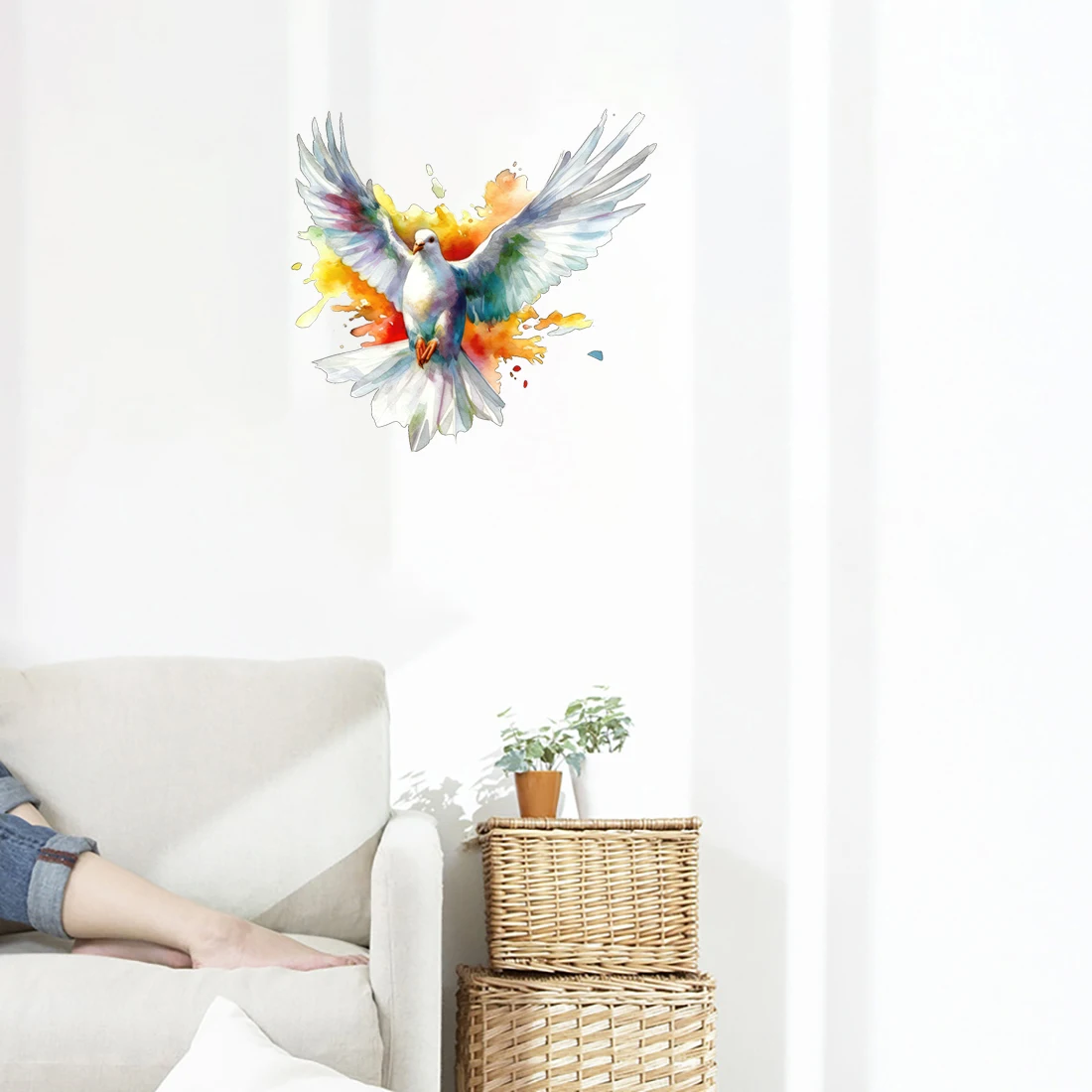 Three Ratels QN40 Beautiful White Pigeon Watercolor Art Wall Sticker for Room Decoration Self Adhesive