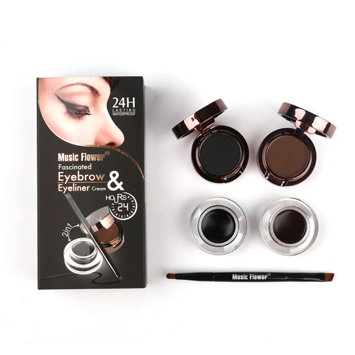 Eye Makeup 5 Piece Set 2 in 1 Black & Brown Eyeliner + Eyebrow Powder Waterproof & Long Lasting (with Dual Brush)