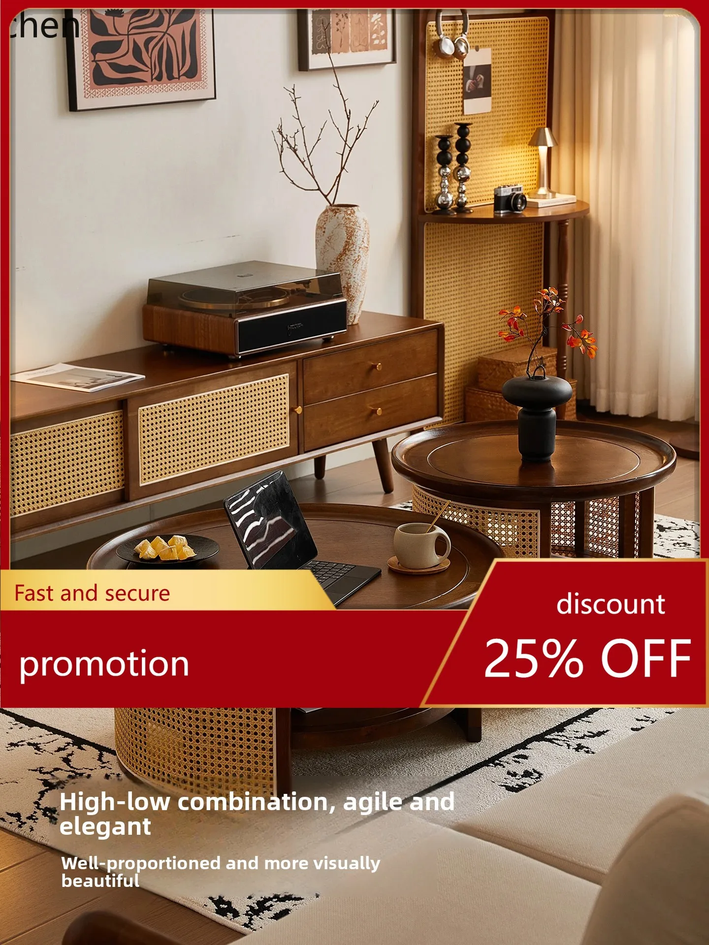 

YFY Retro Style Living Room Home Coffee Table Round Solid Wood Model Rattan Small Apartment Simple Tea Table Light Luxury