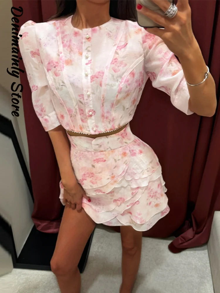 

Elegant Women's Printed Cropped Shirts Chiffon Skirt Sets Pleated Puff Sleeve Tops Ruffles Mini Skirts 2026 Summer Holiday Suit